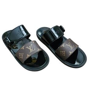 Louis Vuitton Monogram Canvas Sunbath Flat Mule Sandal Size 38 US 8 Brown Black